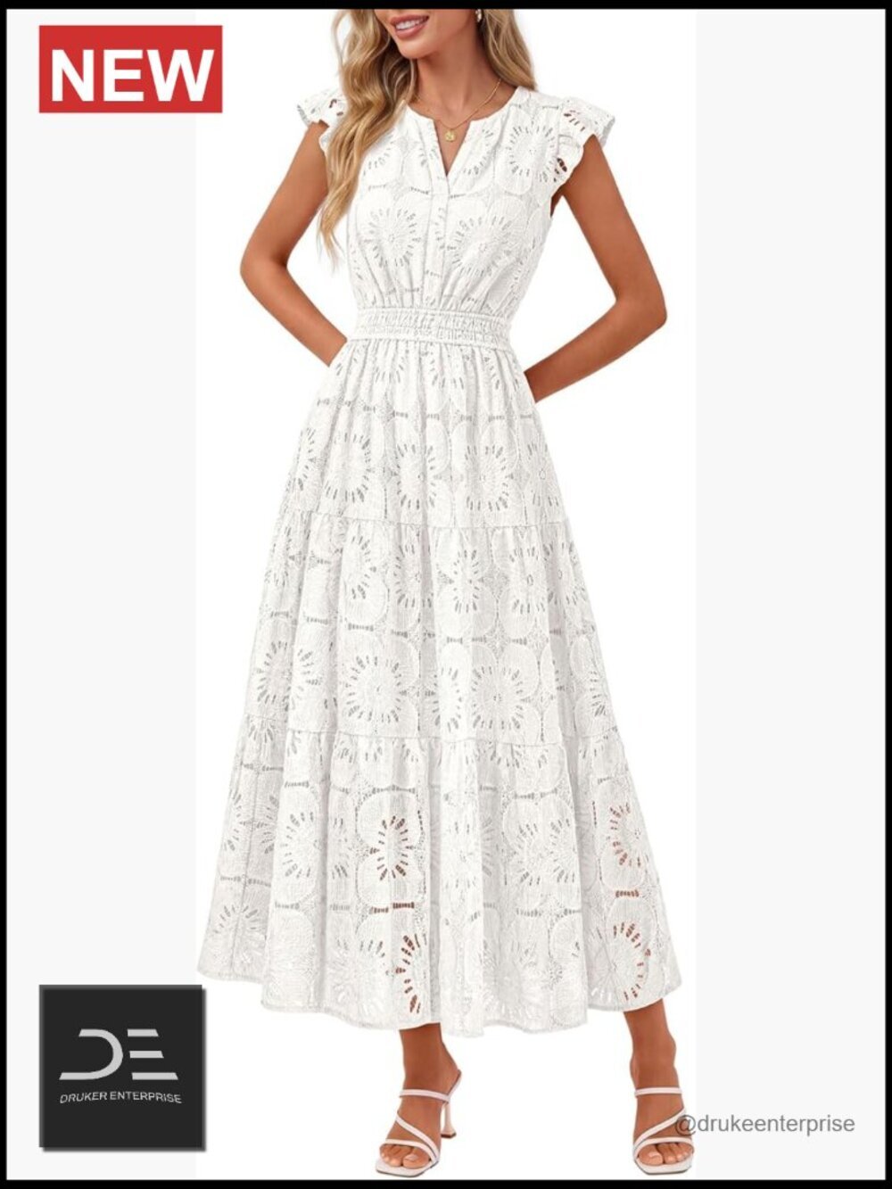 Flutter Sleeve Lace Eyelet Maxi Dress Tiered Flowy Beach Vacation